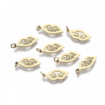 304 Stainless Steel Charms, Laser Cut, with Jump Rings, Lip with Word Love, Real 14K Gold Plated, 13.5x5.5x1mm, Jump Ring: 3x0.4mm, 2.2mm inner diameter