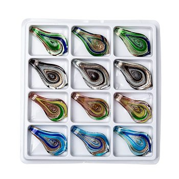 Handmade Silver Foil Lampwork Big Pendants, with Gold Sand, teardrop, Mixed Color, 61x35x13mm, Hole: 7mm, 12pcs/box