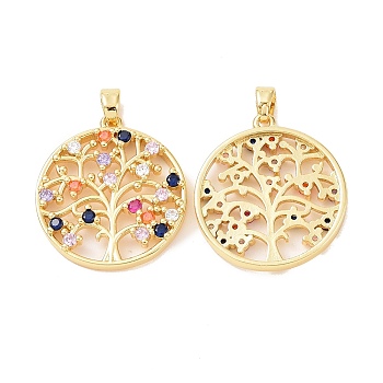 Brass Micro Pave Cubic Zirconia Pendants, Flat Round & Tree Charm, Real 18K Gold Plated, 24.5x22x3mm, Hole: 2.5x5mm