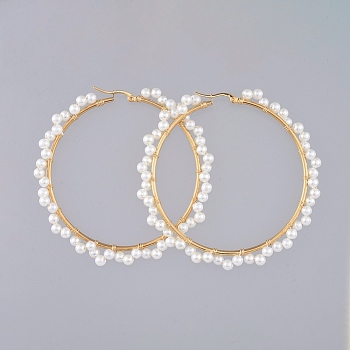 Beaded Hoop Earrings, with Glass Pearl Beads, Golden Plated 304 Stainless Steel Hoop Earrings Findings and Copper Wire, Ring, White, 74mm, Pin: 0.8mm