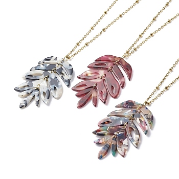 3Pcs 3 Colors Resin Leaf Pendant Necklaces, with 304 Stainless Steel Cable Chains, Golden, Mixed Color, 18.62 inch(47.3cm), 1pc/color