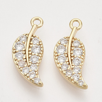 Brass Micro Pave Clear Cubic Zirconia Pendants, Nickel Free, Real 18K Gold Plated, Leaf, 15.5x6.5x1.5mm, Hole: 1.2mm