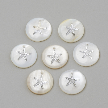 Freshwater Shell Pendants, Flat Round & Starfish/Sea Stars, Platinum, 16x3.5~4mm, Hole: 1.2mm