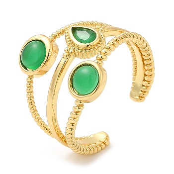 Rack Plating Brass Triple Line Open Cuff Rings, Natural Green Onyx Agate Teardrop Ring, Lead Free & Cadmium Free, Real 18K Gold Plated, Inner Diameter: 17.2mm