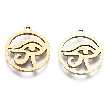 201 Stainless Steel Pendants, Laser Cut, Ring with Eye of Ra/Re, Golden, 17x15x1mm, Hole: 1.4mm