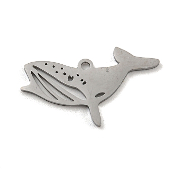 304 Stainless Steel Pendants, Laser Cut, Stainless Steel Color, Ocean Animal Charm, Whale, 13.5x25x1mm, Hole: 1.4mm