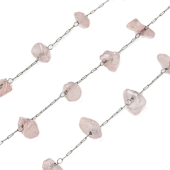 304 Stainless Steel with Natural Rose Quartz Chip Link Chains, Soldered, with Spool, Stainless Steel Color, 3.5~10x1.5~7x1.5~4.5mm