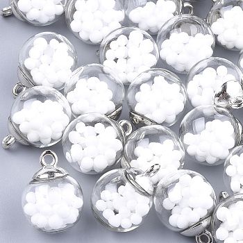 Glass Ball Pendants, with Polyfoam and CCB Plastic Findings, Round, White, 21x15.5~16mm, Hole: 2mm