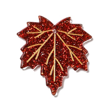 Acrylic Pendants, with Glitter Powder, Maple Leaf Charm, Dark Red, 37x33.5x2mm, Hole: 1.6mm
