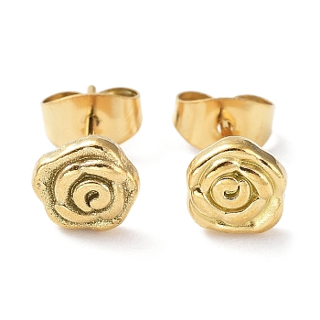 304 Stainless Steel Stud Earrings, Rose Flower, Real 18K Gold Plated, 7x7mm