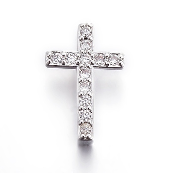 Brass Micro Pave Cubic Zirconia Slide Charms, Cross, Clear, Platinum, 14.5x9.5x4.5mm, Hole: 1.5x10mm