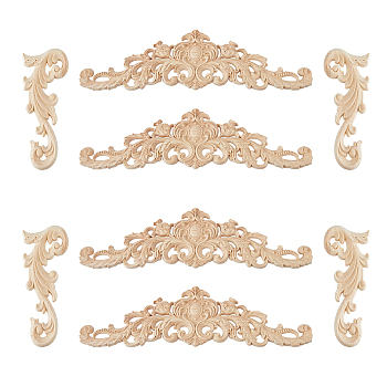 8Pcs 2 Styles Natural Solid Wood Carved Onlay Applique Craft, Unpainted Onlay Furniture Home Decoration, Blanched Almond, 60~80x160~300x7~7.5mm, 4pcs/style