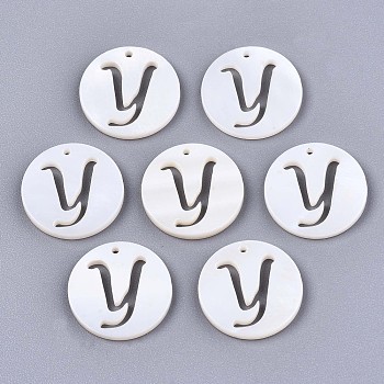 Natural Freshwater Shell Charms, Flat Round with Hollow Out Letter, Letter.Y, 14.5x1.5mm, Hole: 0.9mm