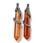 Natural Red Agate(Dyed & Heated) Pointed Big Pendants, Rack Plating Brass Snake Wrapped Faceted Bullet Charms, Antique Silver, Cadmium Free & Lead Free, 60.5x11.5x14mm, Hole: 8x5mm(G-F766-07AS-01)