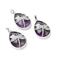 Natural Amethyst Pendants, with Platinum Tone Brass Findings, Lead Free & Cadmium Free, Teardrop with Dragonfly Charms, 40~40.5x26~26.5x9~9.5mm, Hole: 5x7mm(X-G-G900-01P-06)