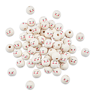 SUPERFINDINGS Maple Wood European Beads, Printed, Large Hole Beads, Undyed, Round with Shy Expression, Old Lace, 17~18mm, Hole: 5mm, about 120pcs(WOOD-FH0001-53)