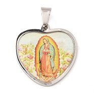 304 Stainless Steel Pendants, with Enamel, Heart with Saint Charm, Religion, Stainless Steel Color, 31x29x2mm, Hole: 9x5.5mm(STAS-H182-11B-P)