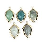 Natural Green Fluorite Faceted Leaf Pendants, Rack Plating Brass Charms, Golden, 23x13.5x5.5mm, Hole: 1.2mm(G-I375-04G-01)