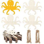 Ocean Theme Wood Pendant Decorations, Jute Cord Wall Hanging Ornaments, Octopus, 80x100x2mm, Hole: 5mm(HJEW-WH20016-01A)