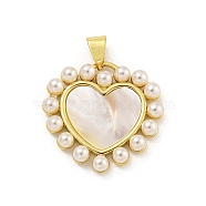 Rack Plating Brass Pave Natural Shell Pendants, Heart Charms with ABS Plastic Pearl, Cadmium Free & Lead Free, Long-Lasting Plated, Real 18K Gold Plated, 21x21.5x4mm, Hole: 3.5x5mm(KK-G513-30G)