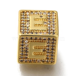 Brass Cubic Zirconia Beads, Letter E, Square, Letter E, 9.5x9.5x9.5mm, Hole: 6mm(KK-Q818-01E-G)