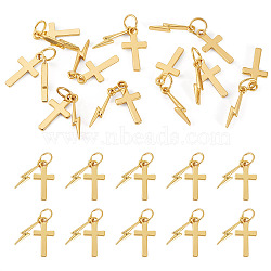 10Pcs Brass Pendants, Cross & Lightning Bolt, with 304 Stainless Steel Jump Rings, Real 18K Gold Plated, 33mm(HJEW-TAC0174)