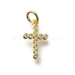 Brass Micro Pave Cubic Zirconia Charms, Cross Charms, Lead Free & Cadmium Free, Long-Lasting Plated, Rack Plating, with Jump Ring, Real 18K Gold Plated, 13.5x8.5x1.5mm, Hole: 3mm(KK-P295-54G)