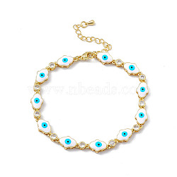Brass Micro Pave Cubic Zirconia Chain Bracelets, Enamel Style Hamsa Hand with Evil Eye Link Chain Bracelet for Women, with Chain Extender & Lobster Claw Clasp, Golden, 7-3/4 inch(19.8cm)(BJEW-P288-05G)