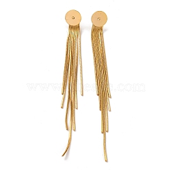 Brass Snake Chain Tassel Stud Earring Findings, with Flat Round Cabochon Setting, Real 18K Gold Plated, 106x10mm(KK-G510-20G)