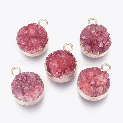 Natural Druzy Agate Pendants, with Real 18K Gold Plated Brass Finding, Long-Lasting Plated, Flat Round, Dyed, Red, 18~20x14x5~10mm, Hole: 2~3mm(G-L566-A04)