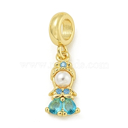 Rack Plating Brass & Cubic Zirconia & ABS Plastic Pearl European Pendants, Long-Lasting Plated, Lead Free & Cadmium Free, Real 18K Gold Plated, Princess, 25.5mm, Hole: 4.6mm, Pendant: 16x8x4.5mm(KK-Z067-61D-G)