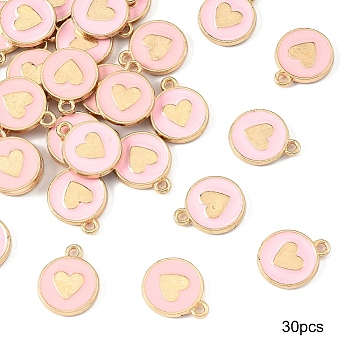 30Pcs Alloy Enamel Charms, Light Gold, Flat Round with Heart, Pink, 14x11.5x2mm, Hole: 1.6mm