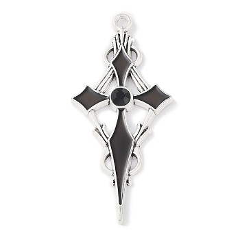 Rack Plating Alloy Enamel Pendants, with Rhinestone, Cadmium Free & Nickel Free & Lead Free, Sword, Black, 47x21.5x3.5mm, Hole: 2mm