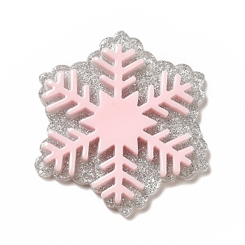 Acrylic Pendants, with Glitter Powder, Snowflake Charm, Pink, 45x38x4mm, Hole: 1.4mm