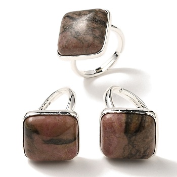 Rhodonite Adjustable Rings, with Brass Base Findings, Lead Free & Cadmium Free, Rhombus, Rhombus: 24x25mm, US Size 9 3/4(19.5mm)