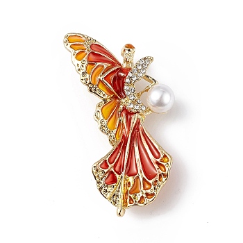 Butterfly Fairy Enamel Pin with Crystal Rhinestone, Style, Light Gold Alloy Badge with Plastic Pearl Beaded for Women, Orange Red, 50.5x32x13.5mm