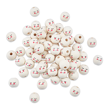 SUPERFINDINGS Maple Wood European Beads, Printed, Large Hole Beads, Undyed, Round with Shy Expression, Old Lace, 17~18mm, Hole: 5mm, about 120pcs