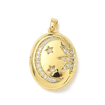Brass Micro Pave Clear Cubic Zirconia Locket Pendants, Oval with Moon Charm, Real 18K Gold Plated, 25x18x7mm, Hole: 3.5x2.5mm, Inner Diameter: 19x13mm