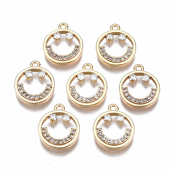 Brass Micro Pave Clear Cubic Zirconia Charms, Nickel Free, Smile Face, Real 18K Gold Plated, 14x11.5x2mm, Hole: 1.2mm