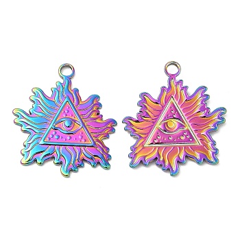 304 Stainless Steel Pendants, Leaf with Triangle & Eye Charm, Rainbow Color, 28x25x2mm, Hole: 3mm