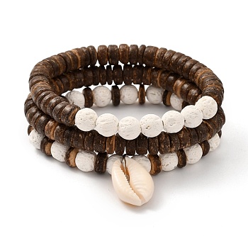 Stretch Bracelets Sets, Stackable Bracelets, with Natural Lava Rock & Coconut & Cowrie Shell Beads, Coconut Brown, Inner Diameter: 2-1/8 inch(5.5cm), 3pcs/set
