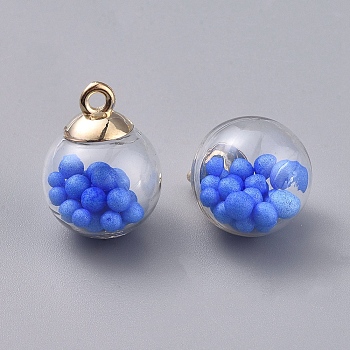 Transparent Glass Globe Pendant, with Glass Beads inside and CCB Plastic Pendant Bails, Round, Golden, Royal Blue, 21x16mm, Hole: 2mm