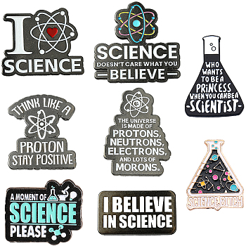 8Pcs 8 Style Science Theme Word Enamel Pin, Gunmetal Alloy Badge for Backpack Clothes, Mixed Color, 18~35x23~35.5x1.5mm, Pin: 0.1mm, 1Pc/style