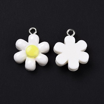 Opaque Resin Pendants, with Platinum Tone Iron Loops, Flower Charm, White, 21x16x5.5mm, Hole: 2mm