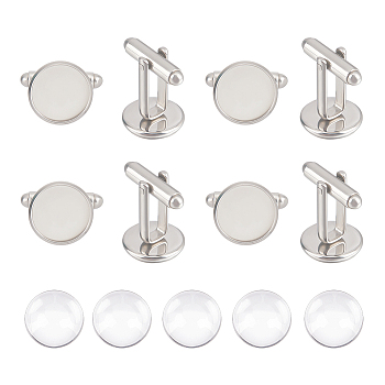 10Pcs 304 Stainless Steel Cuff Button, Cufflink Findings for Apparel Accessories, 10Pcs Transparent Glass Cabochons, Stainless Steel Color, 11.5~13.5x4mm