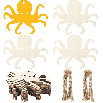 Ocean Theme Wood Pendant Decorations, Jute Cord Wall Hanging Ornaments, Octopus, 80x100x2mm, Hole: 5mm