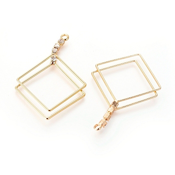 Brass Pendants, with Rhinestones, Rhombus, Real 18K Gold Plated, 39x24x2mm, Hole: 1.4mm