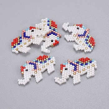 Handmade Japanese Seed Beads Pendants, with Japan Import Thread, Loom Pattern, Elephant, Colorful, 18x30x2mm, Hole: 0.6mm