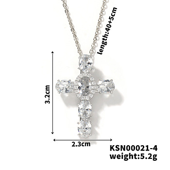 Brass Pave Cubic Zirconia Cross Pendant Necklaces, Western Style Jewelry for Women Men, Platinum, Clear, 15.75 inch(40cm)