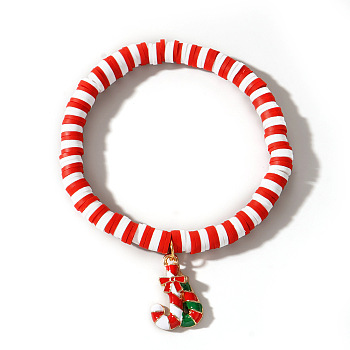 Elegant Christmas Handmade Polymer Clay Heishi Beaded Stretch Bracelets, Enamel Charm Bracelets for Women, Candy Cane, 6-7/8 inch(17.5cm)